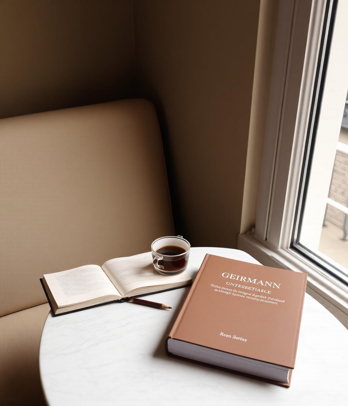 Open book and espresso in an Austrian café